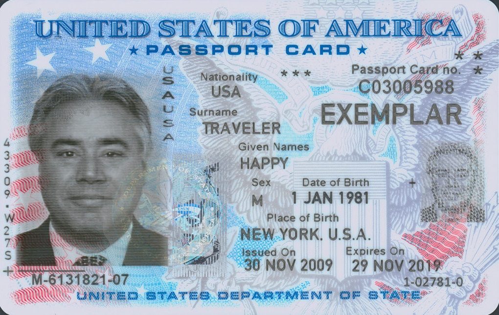 Passport card specimen illustrating travel-document planning in voluntary departure immigration court cases